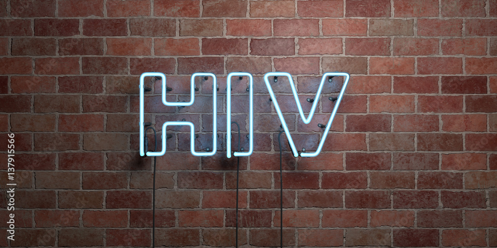 Obraz premium HIV - fluorescent Neon tube Sign on brickwork - Front view - 3D rendered royalty free stock picture. Can be used for online banner ads and direct mailers..