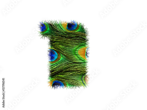 High resolution font number 1 made of peacock feathers pattern isolated on white background