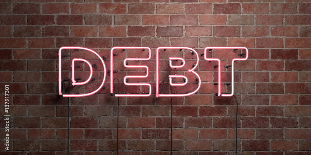 Fototapeta premium DEBT - fluorescent Neon tube Sign on brickwork - Front view - 3D rendered royalty free stock picture. Can be used for online banner ads and direct mailers..
