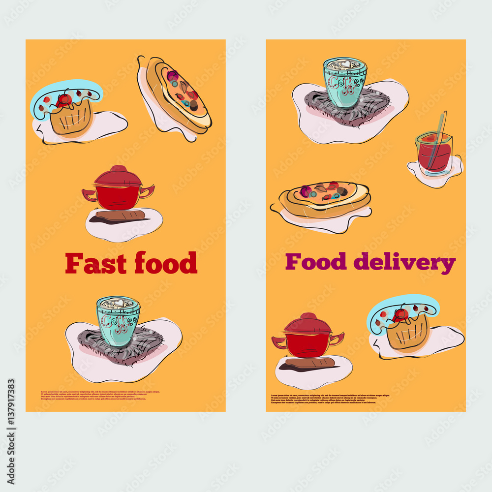 Food items for cafe in bright colors in horizontal banner set isolated vector illustration