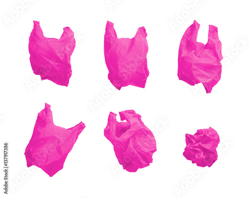 Collection of Pink color plastic bag in different composition, isolated on white background.