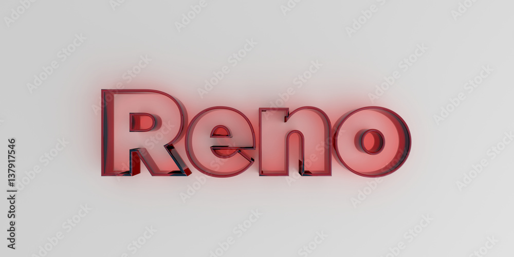 Reno - Red glass text on white background - 3D rendered royalty free stock image. Reno - Red glass text on white background - 3D rendered royalty free stock image.