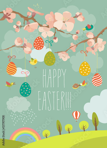 Spring blooming tree with easter eggs