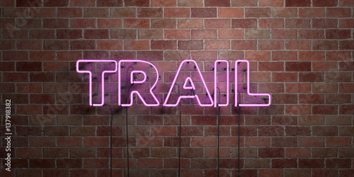 TRAIL - fluorescent Neon tube Sign on brickwork - Front view - 3D rendered royalty free stock picture. Can be used for online banner ads and direct mailers..