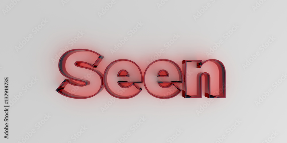 Seen - Red glass text on white background - 3D rendered royalty free stock image.