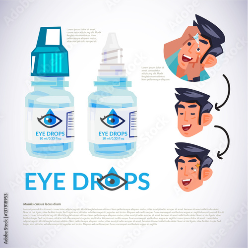Eye drop bottle. young man applying eye drop to his eye. how to applying eye drop concept. typograohic - vector