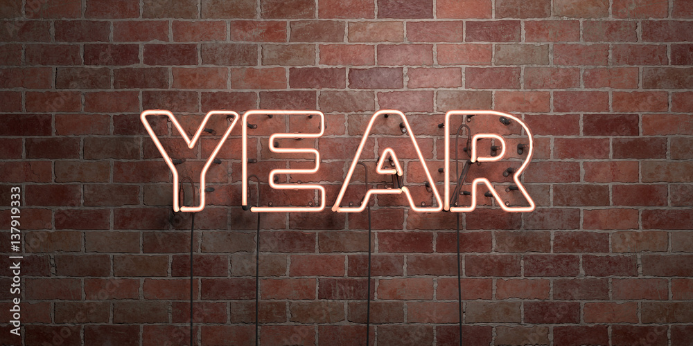 Obraz premium YEAR - fluorescent Neon tube Sign on brickwork - Front view - 3D rendered royalty free stock picture. Can be used for online banner ads and direct mailers..