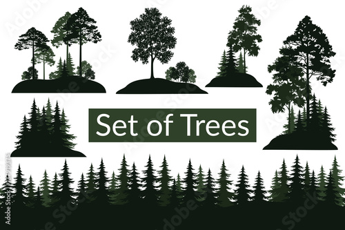 Set Isolated on White Background Landscapes, Green Coniferous and Deciduous Trees and Bushes Silhouettes, Fir, Pine, Maple, Acacia, Lilac. Vector