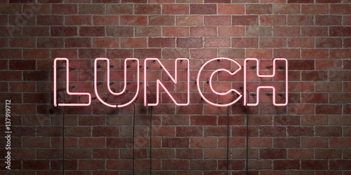 LUNCH - fluorescent Neon tube Sign on brickwork - Front view - 3D rendered royalty free stock picture. Can be used for online banner ads and direct mailers..