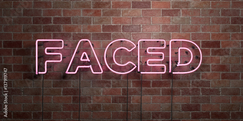 FACED - fluorescent Neon tube Sign on brickwork - Front view - 3D rendered royalty free stock picture. Can be used for online banner ads and direct mailers..