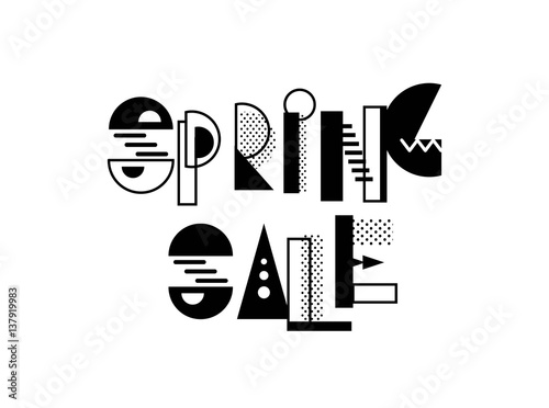 Spring sale creative geometric alphabet.  Black and white vector letters in 80s - 90s memphis style. Vector illustration