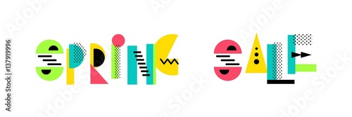 Spring sale creative geometric alphabet.  Colorful vector letters in 80s - 90s memphis style. Vector illustration