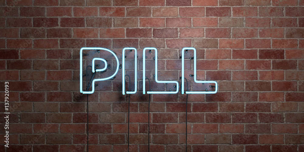 Obraz premium PILL - fluorescent Neon tube Sign on brickwork - Front view - 3D rendered royalty free stock picture. Can be used for online banner ads and direct mailers..