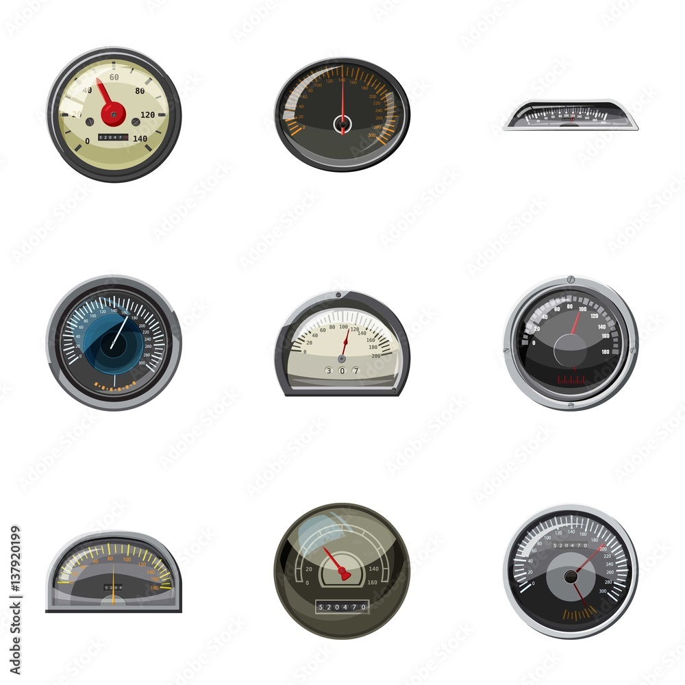Types of speedometers icons set, cartoon style