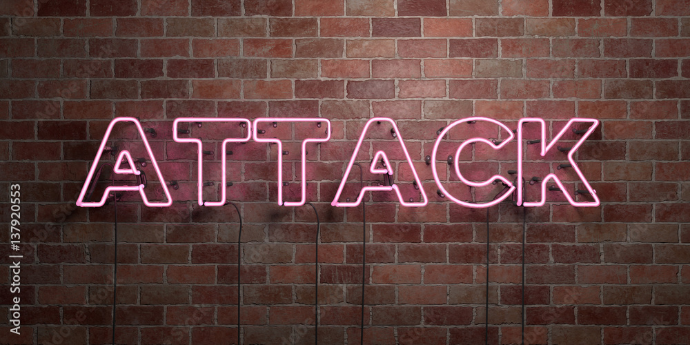ATTACK - fluorescent Neon tube Sign on brickwork - Front view - 3D rendered royalty free stock picture. Can be used for online banner ads and direct mailers.. ATTACK - fluorescent Neon tube Sign on brickwork - Front view - 3D rendered royalty free stock picture. Can be used for online banner ads and direct mailers..
