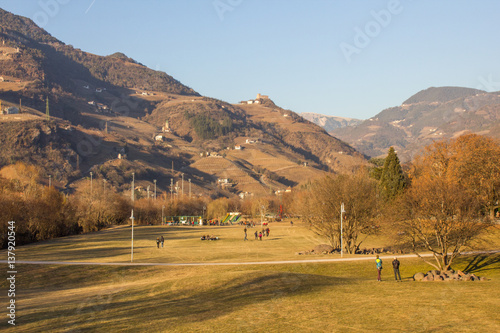 Mountain landscape with a castle in the background from the city of Bozen (Bolzano), Italy
