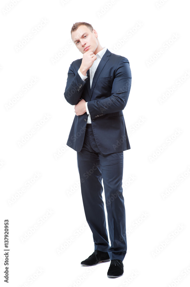 Thinking about solutions. Thoughtful young man in formalwear holding hand on chin and looking at camera isolated on white Thinking about solutions. Thoughtful young man in formalwear holding hand on chin and looking at camera isolated on white