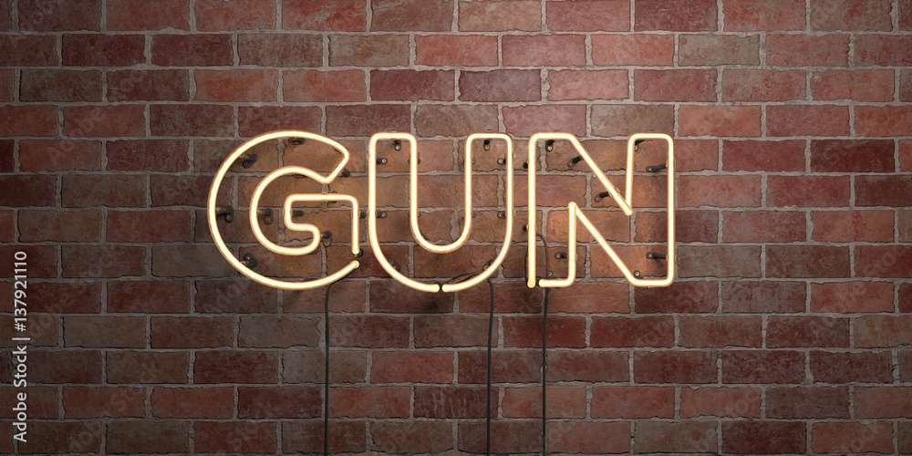 Obraz premium GUN - fluorescent Neon tube Sign on brickwork - Front view - 3D rendered royalty free stock picture. Can be used for online banner ads and direct mailers..