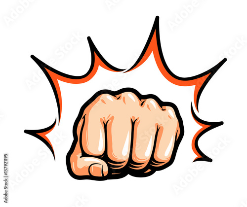 Hand, fist punching or hitting. Comic pop art, symbol. Vector illustration