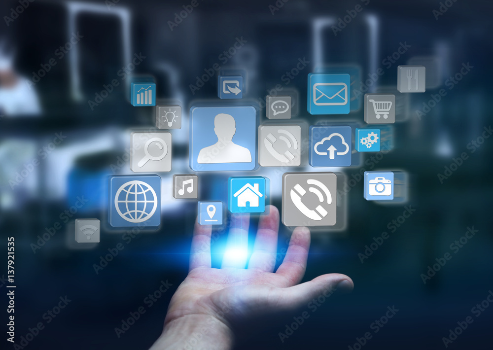 Icons connected to each other over businessman hand Icons connected to each other over businessman hand