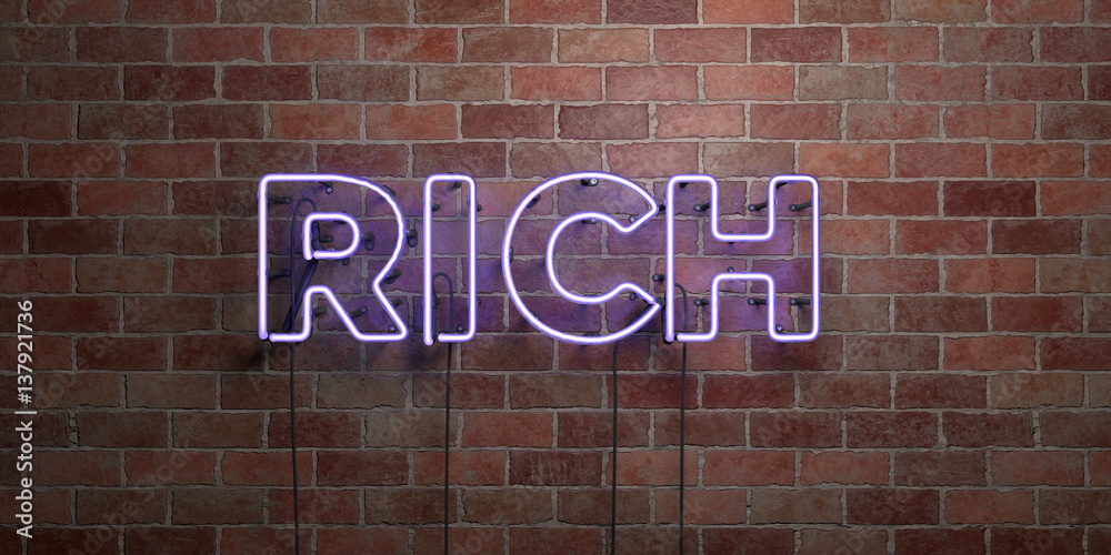 RICH - fluorescent Neon tube Sign on brickwork - Front view - 3D rendered royalty free stock picture. Can be used for online banner ads and direct mailers.. RICH - fluorescent Neon tube Sign on brickwork - Front view - 3D rendered royalty free stock picture. Can be used for online banner ads and direct mailers..