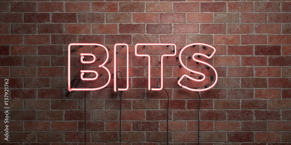 Fototapeta premium BITS - fluorescent Neon tube Sign on brickwork - Front view - 3D rendered royalty free stock picture. Can be used for online banner ads and direct mailers..