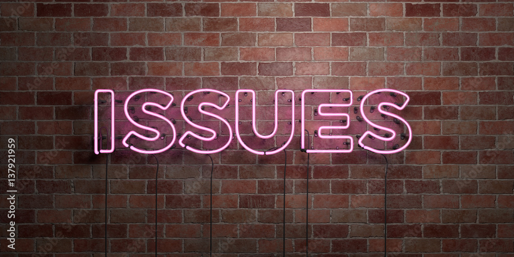 Fototapeta premium ISSUES - fluorescent Neon tube Sign on brickwork - Front view - 3D rendered royalty free stock picture. Can be used for online banner ads and direct mailers..