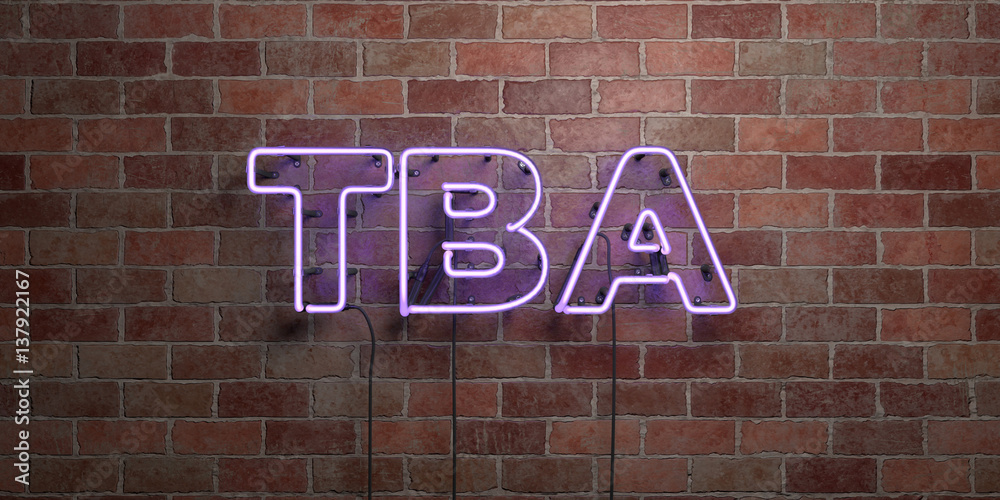 TBA - fluorescent Neon tube Sign on brickwork - Front view - 3D rendered royalty free stock picture. Can be used for online banner ads and direct mailers.. TBA - fluorescent Neon tube Sign on brickwork - Front view - 3D rendered royalty free stock picture. Can be used for online banner ads and direct mailers..
