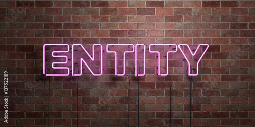 ENTITY - fluorescent Neon tube Sign on brickwork - Front view - 3D rendered royalty free stock picture. Can be used for online banner ads and direct mailers..