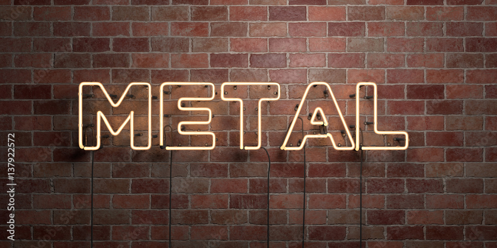 Obraz premium METAL - fluorescent Neon tube Sign on brickwork - Front view - 3D rendered royalty free stock picture. Can be used for online banner ads and direct mailers..