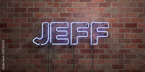 JEFF - fluorescent Neon tube Sign on brickwork - Front view - 3D rendered royalty free stock picture. Can be used for online banner ads and direct mailers.. photo