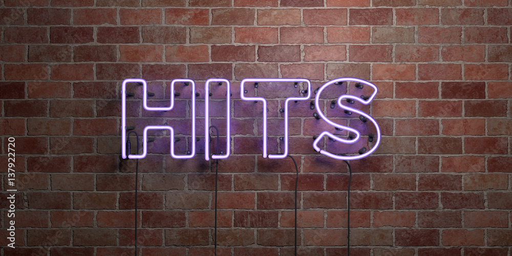 HITS - fluorescent Neon tube Sign on brickwork - Front view - 3D rendered royalty free stock picture. Can be used for online banner ads and direct mailers.. HITS - fluorescent Neon tube Sign on brickwork - Front view - 3D rendered royalty free stock picture. Can be used for online banner ads and direct mailers..