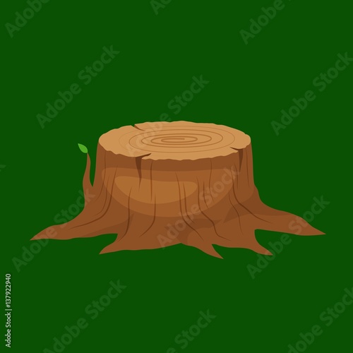 Vector Illustration of a cartoon big tree stump with roots and some blades of grass. Tree Stump.