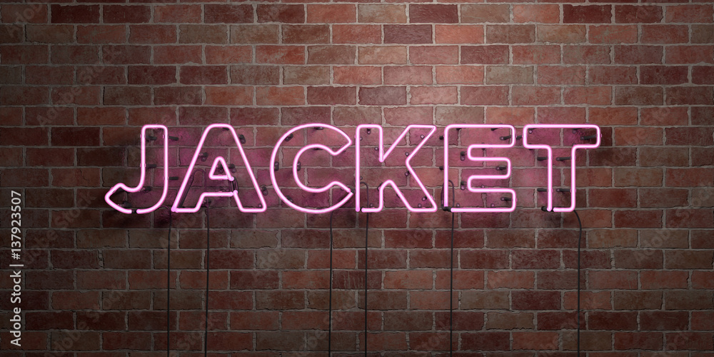 Obraz premium JACKET - fluorescent Neon tube Sign on brickwork - Front view - 3D rendered royalty free stock picture. Can be used for online banner ads and direct mailers..