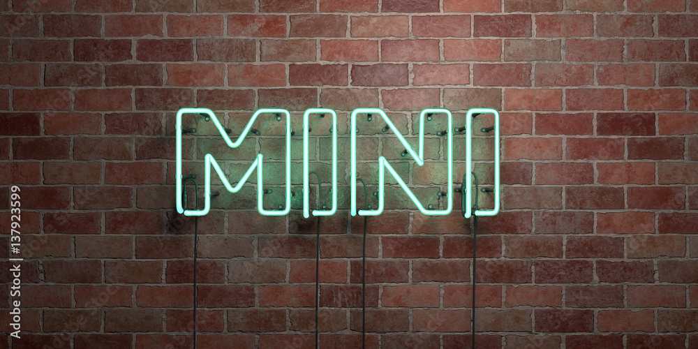 Obraz premium MINI - fluorescent Neon tube Sign on brickwork - Front view - 3D rendered royalty free stock picture. Can be used for online banner ads and direct mailers..