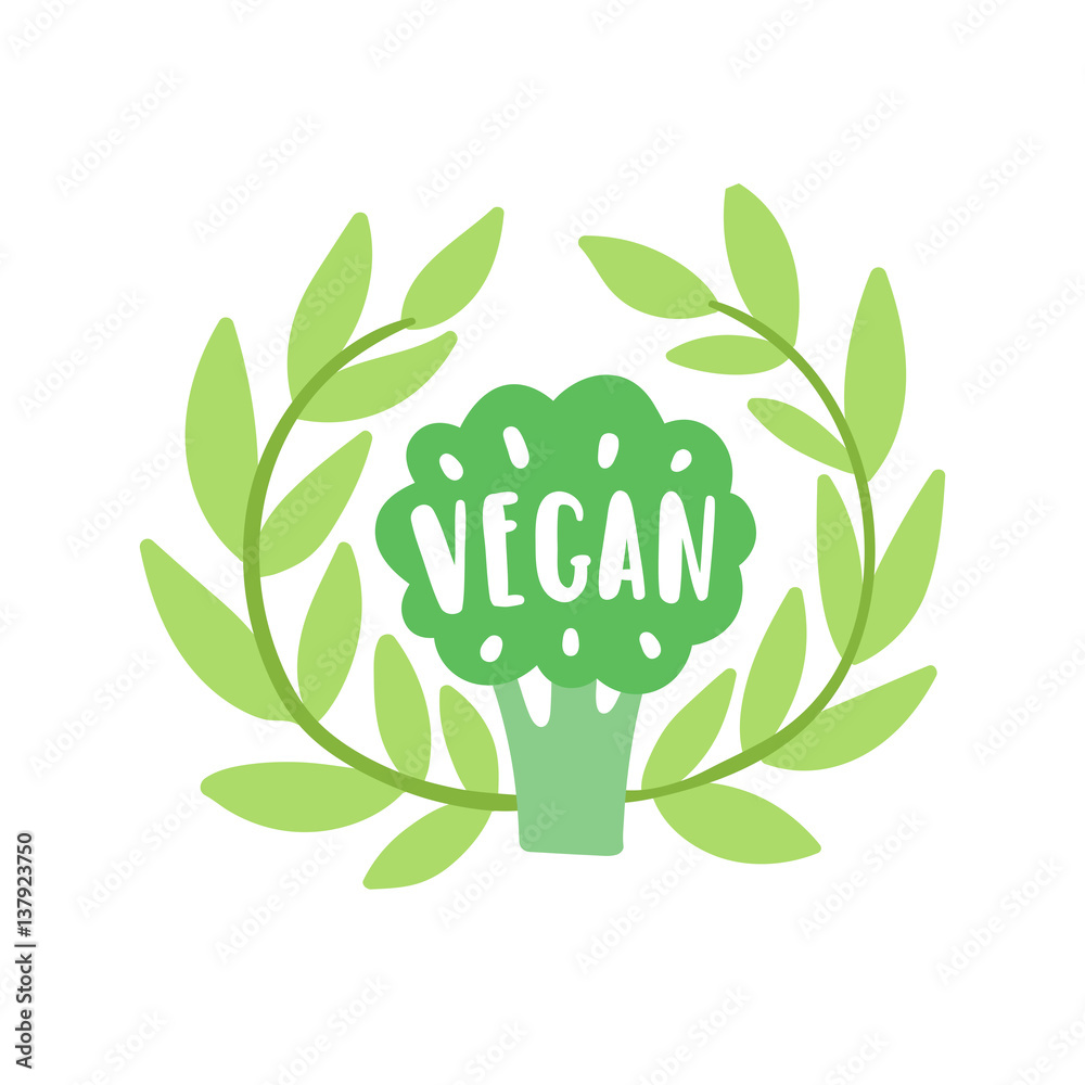 Vegan illustration. Vector broccoli laurel and lettering