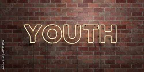 YOUTH - fluorescent Neon tube Sign on brickwork - Front view - 3D rendered royalty free stock picture. Can be used for online banner ads and direct mailers.. photo