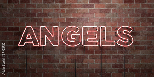 ANGELS - fluorescent Neon tube Sign on brickwork - Front view - 3D rendered royalty free stock picture. Can be used for online banner ads and direct mailers..