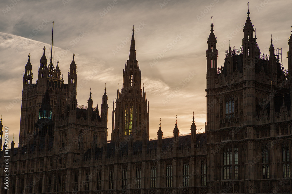 Palace of Westminster at sunset in London, United Kingdom