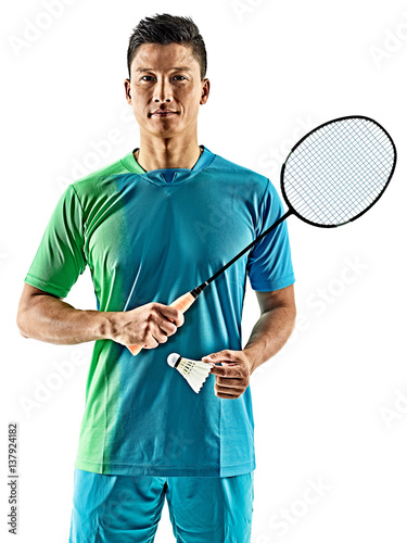 one asian badminton player man isolated on white background