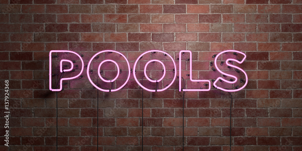 Obraz premium POOLS - fluorescent Neon tube Sign on brickwork - Front view - 3D rendered royalty free stock picture. Can be used for online banner ads and direct mailers..