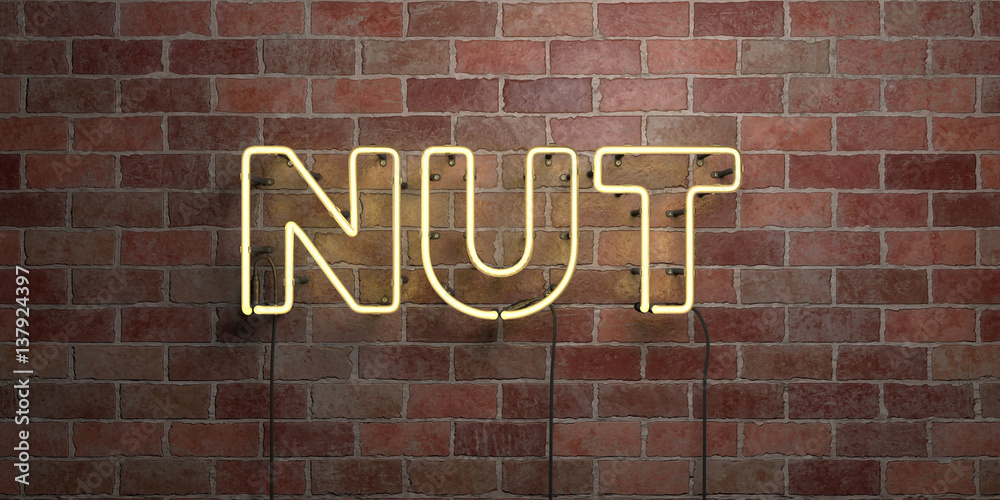 NUT - fluorescent Neon tube Sign on brickwork - Front view - 3D rendered royalty free stock picture. Can be used for online banner ads and direct mailers.. NUT - fluorescent Neon tube Sign on brickwork - Front view - 3D rendered royalty free stock picture. Can be used for online banner ads and direct mailers..