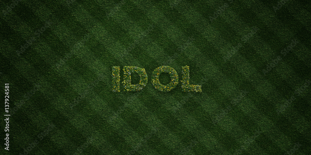 IDOL - fresh Grass letters with flowers and dandelions - 3D rendered royalty free stock image. Can be used for online banner ads and direct mailers.. - obrazy, fototapety, plakaty 