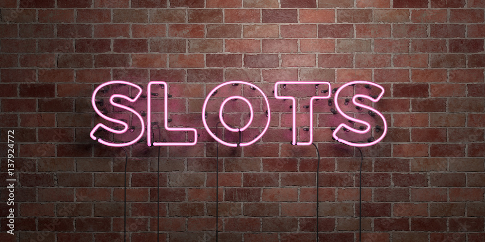 Obraz premium SLOTS - fluorescent Neon tube Sign on brickwork - Front view - 3D rendered royalty free stock picture. Can be used for online banner ads and direct mailers..