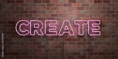 CREATE - fluorescent Neon tube Sign on brickwork - Front view - 3D rendered royalty free stock picture. Can be used for online banner ads and direct mailers..