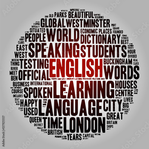     English. Glowing word in the cloud of words. Round ball of phrases on the theme of study, language, conversation, London and England. Abstract background on the academic subject.