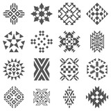     Tribal elements of pattern - aztec black signs on white background. Traditional (native) American Indian patterns set. Folk ornamental textile swatches. Vector illustrations.