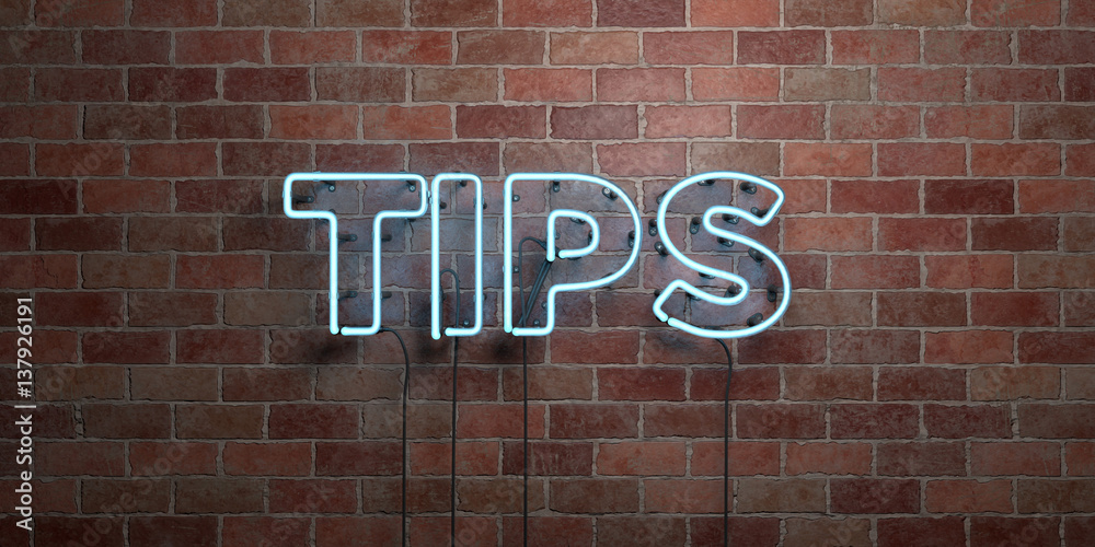 TIPS - fluorescent Neon tube Sign on brickwork - Front view - 3D rendered royalty free stock picture. Can be used for online banner ads and direct mailers.. TIPS - fluorescent Neon tube Sign on brickwork - Front view - 3D rendered royalty free stock picture. Can be used for online banner ads and direct mailers..