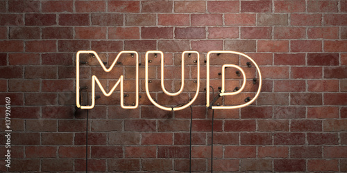 MUD - fluorescent Neon tube Sign on brickwork - Front view - 3D rendered royalty free stock picture. Can be used for online banner ads and direct mailers..