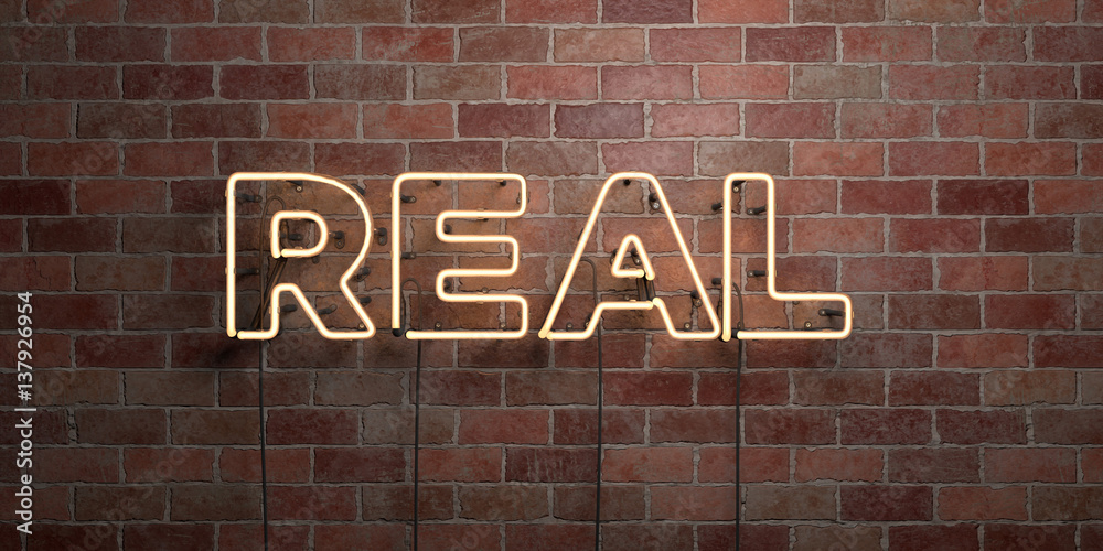 REAL - fluorescent Neon tube Sign on brickwork - Front view - 3D rendered royalty free stock picture. Can be used for online banner ads and direct mailers.. REAL - fluorescent Neon tube Sign on brickwork - Front view - 3D rendered royalty free stock picture. Can be used for online banner ads and direct mailers..
